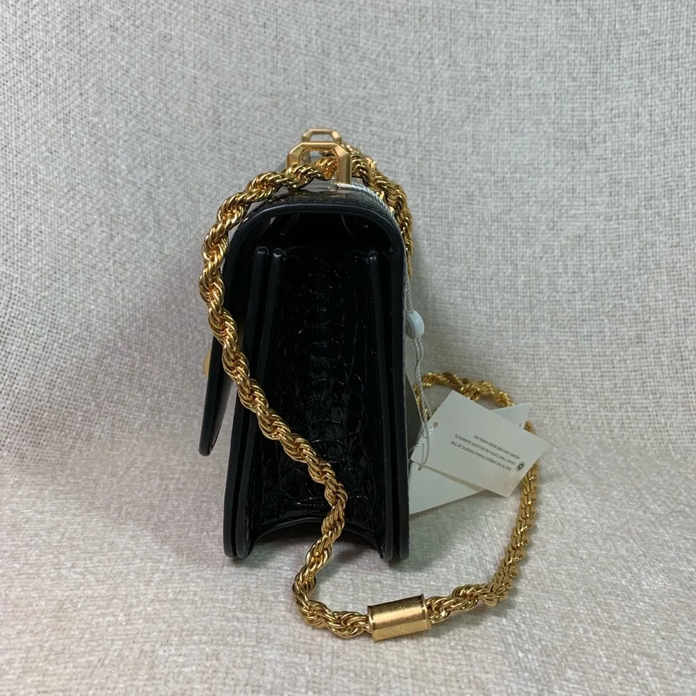 Tory Burch Black Croc-Embossed Mini Shoulder Bag with Gold Logo